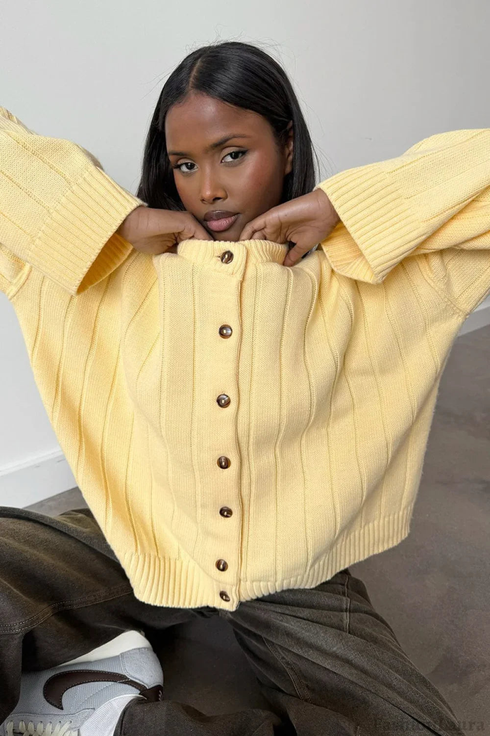 Yellow Ribbed Round Neck Knit Cardigan