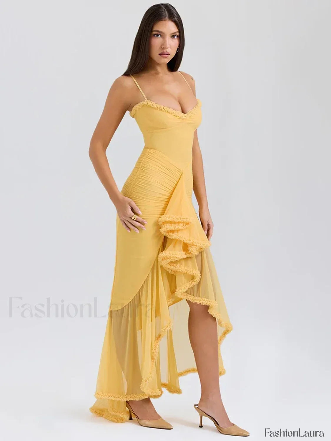 Yellow Ruffled Spaghetti Midi Dress