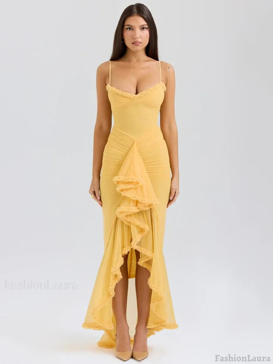 Yellow Ruffled Spaghetti Midi Dress Orange / XS