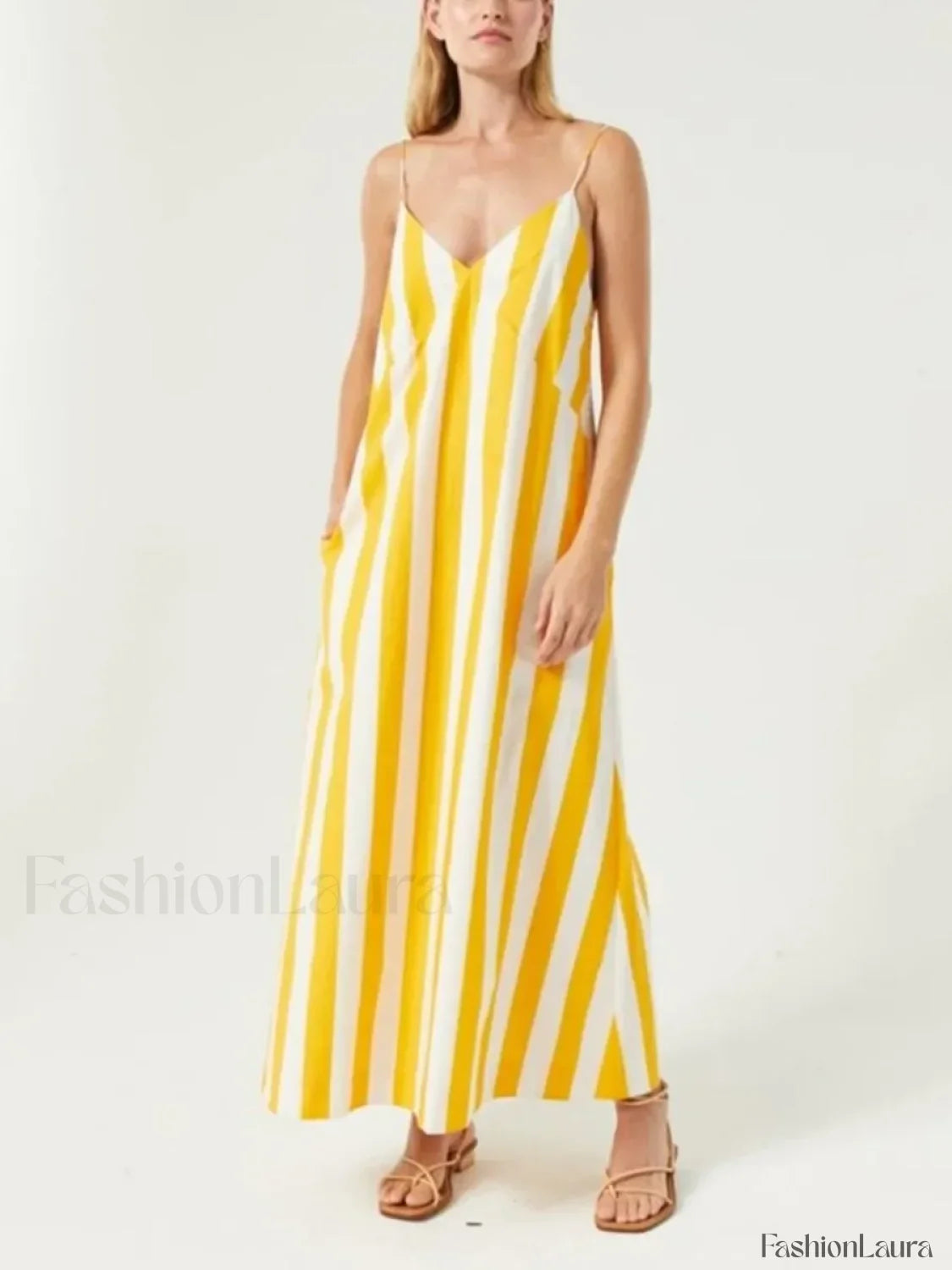Yellow Striped Pocket Maxi Dress