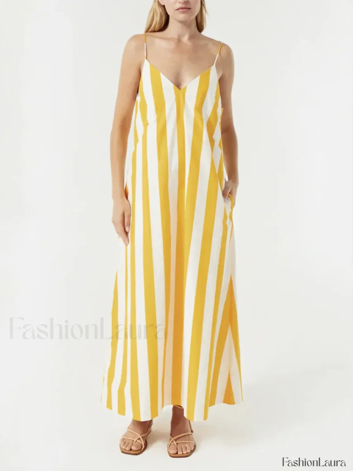 Yellow Striped Pocket Maxi Dress