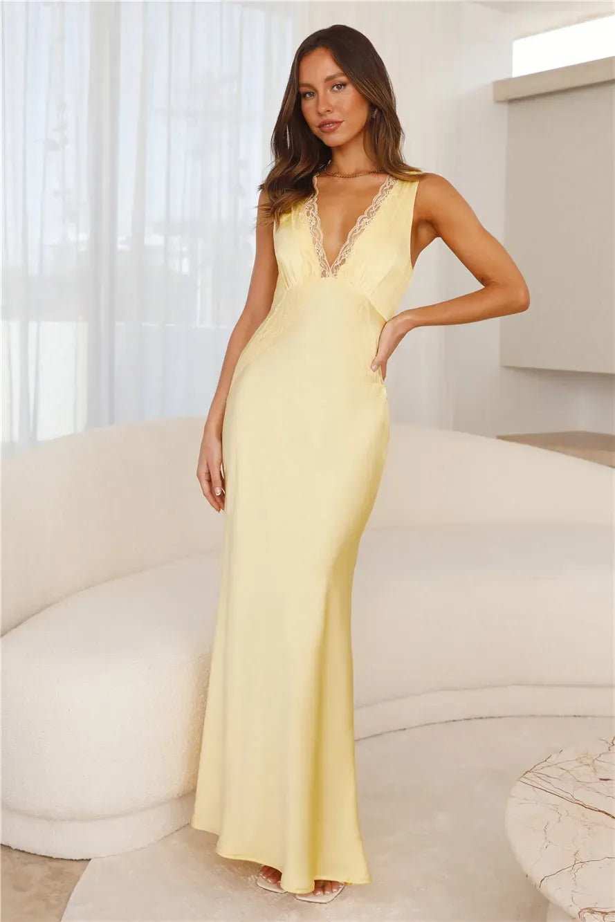 Aisling Premium Long Satin Dress with a Deep V Neck in Yellow Chic Silhouette Collection
