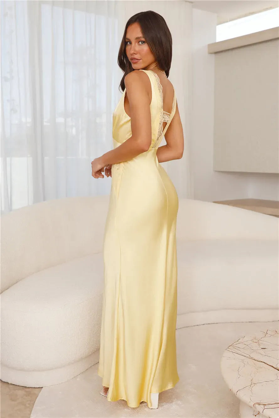 Satin Deep V-Neck Lace Trim Wide Strap Maxi Gown