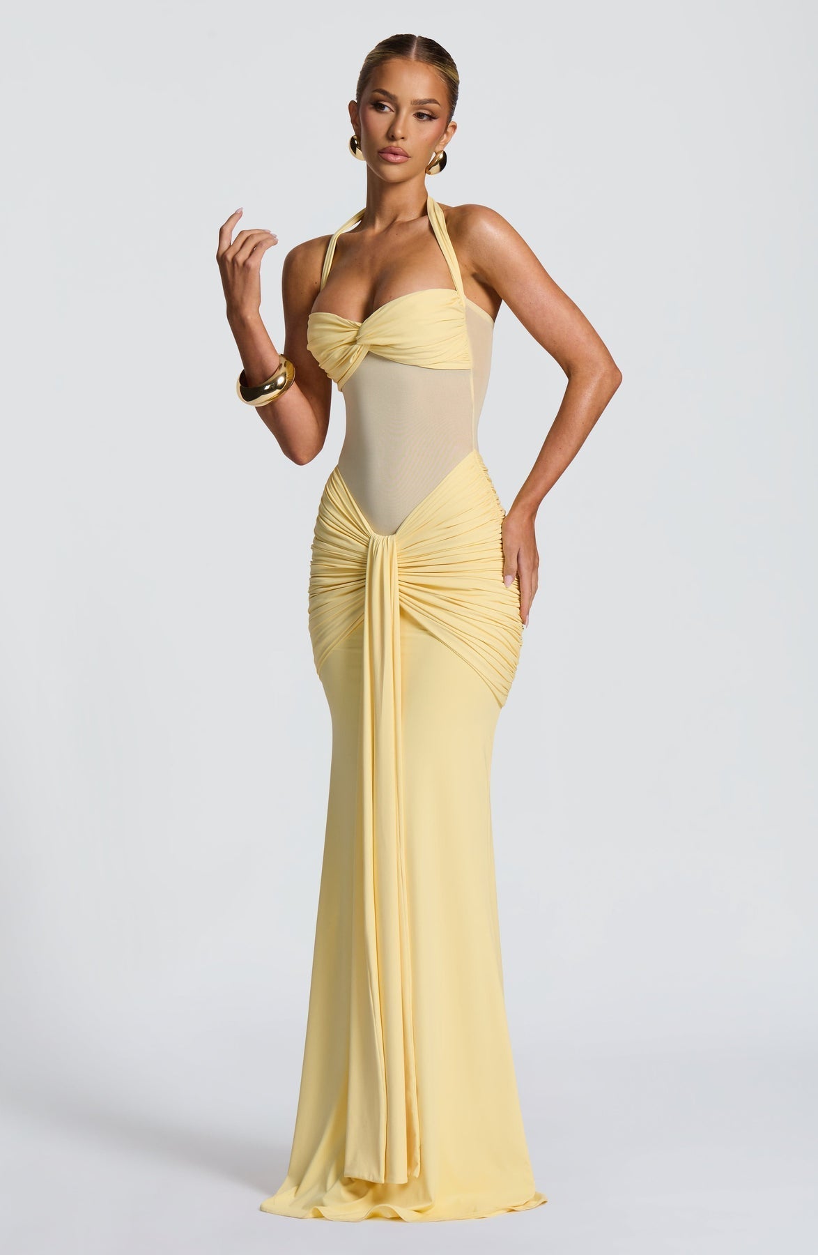 Halter Neck Twist Bust Sheer Mesh Ruched Drape Maxi Gown 11