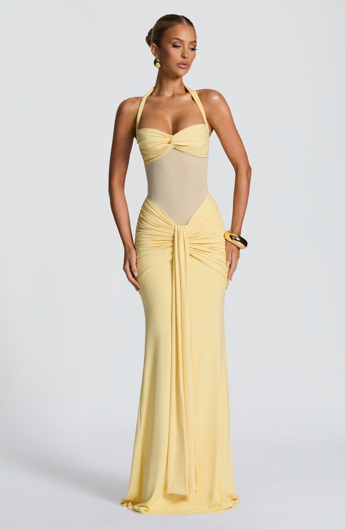 Halter Neck Twist Bust Sheer Mesh Ruched Drape Maxi Gown 13