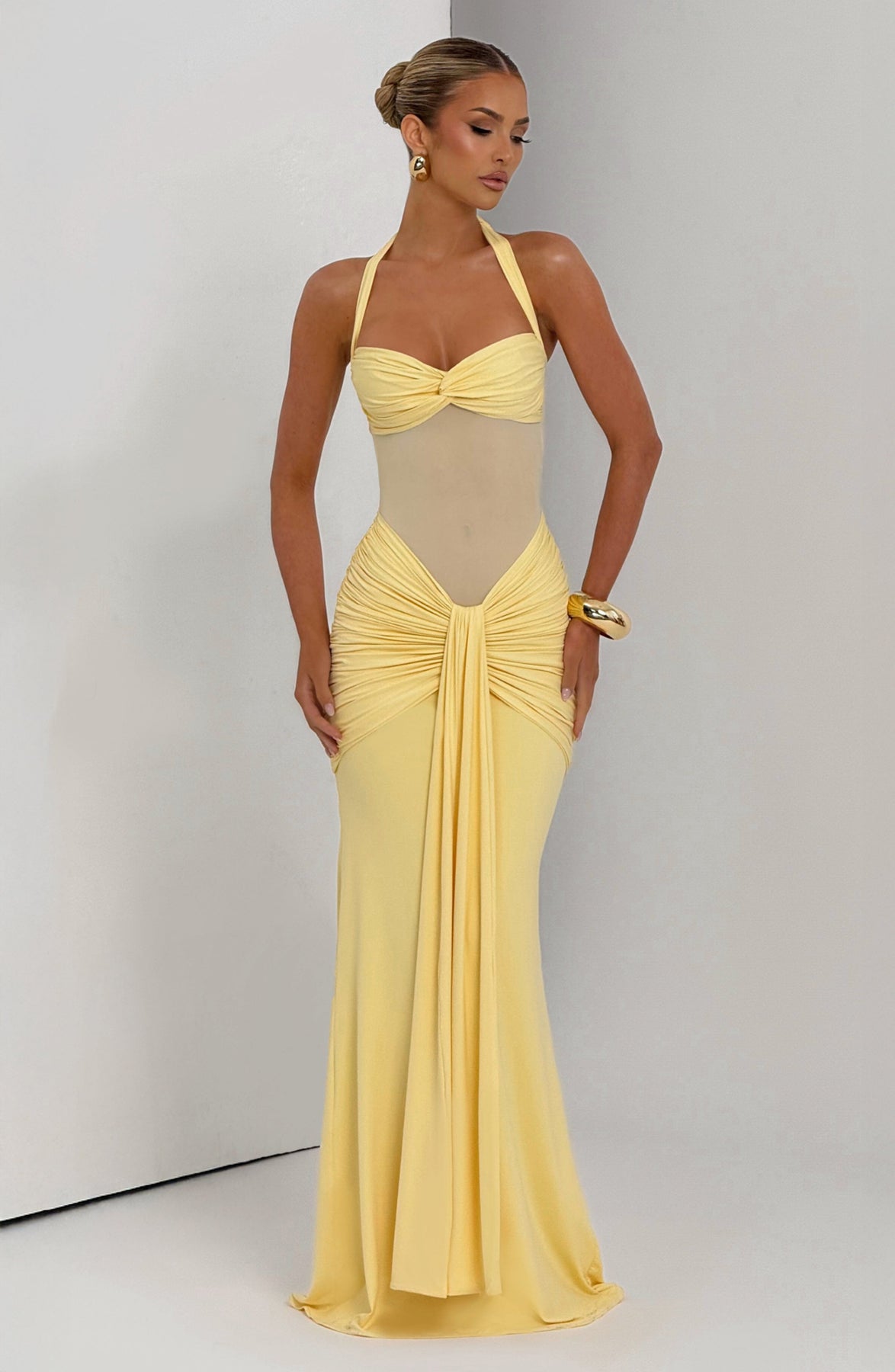 Halter Neck Twist Bust Sheer Mesh Ruched Drape Maxi Gown 14