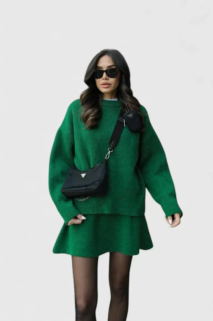 Crew Neck Oversized Sweater and Mini Skirt Two Piece Set