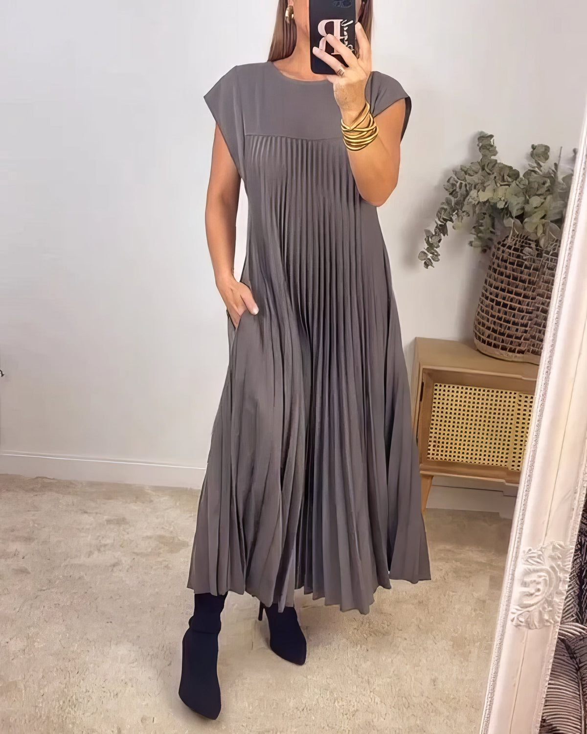 Pleated Round Neck Cap Sleeve Pocket Maxi Dress