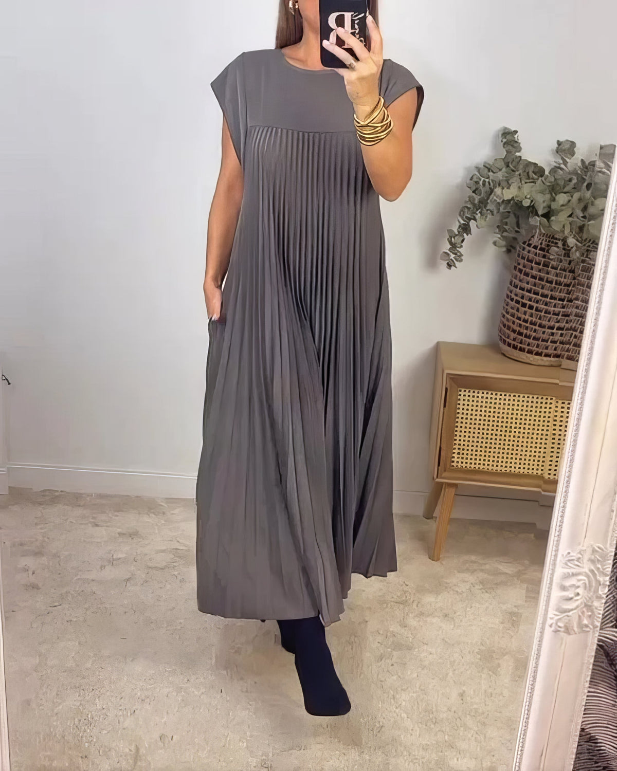 Pleated Round Neck Cap Sleeve Pocket Maxi Dress