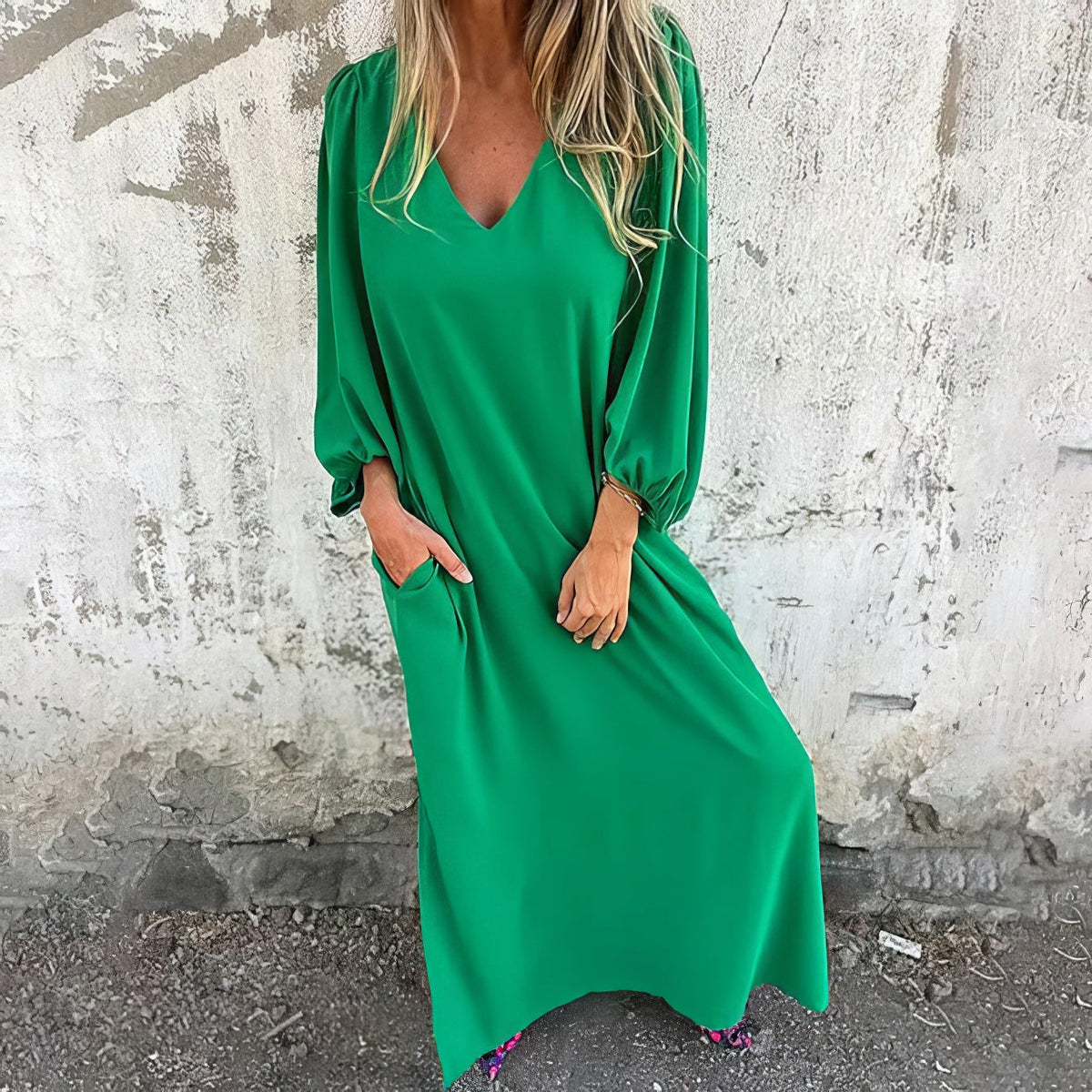 V-Neck Long Sleeve Pocket Loose Maxi Dress