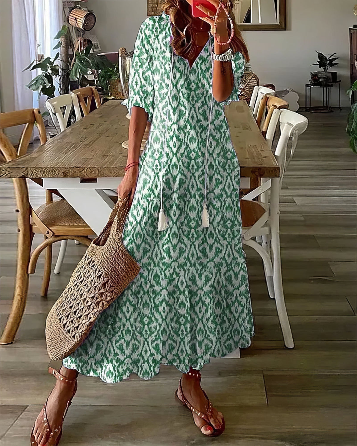 Ikat Print V-Neck Tassel Tie Tiered Maxi Dress