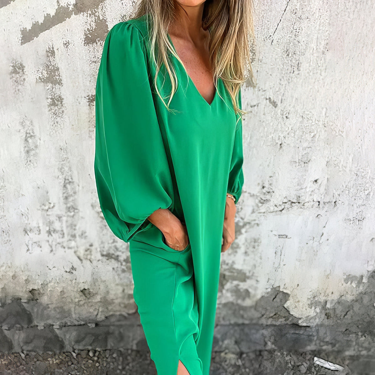 V-Neck Long Sleeve Pocket Loose Maxi Dress