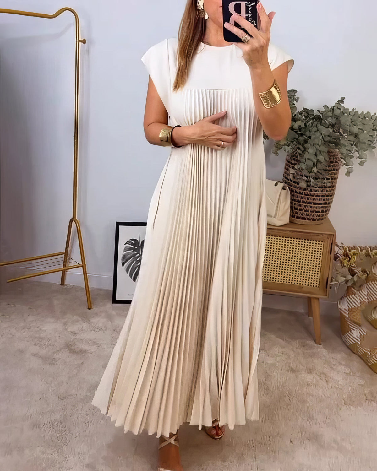 Pleated Round Neck Cap Sleeve Pocket Maxi Dress