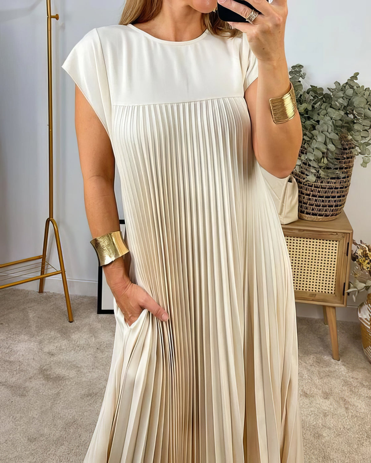 Pleated Round Neck Cap Sleeve Pocket Maxi Dress