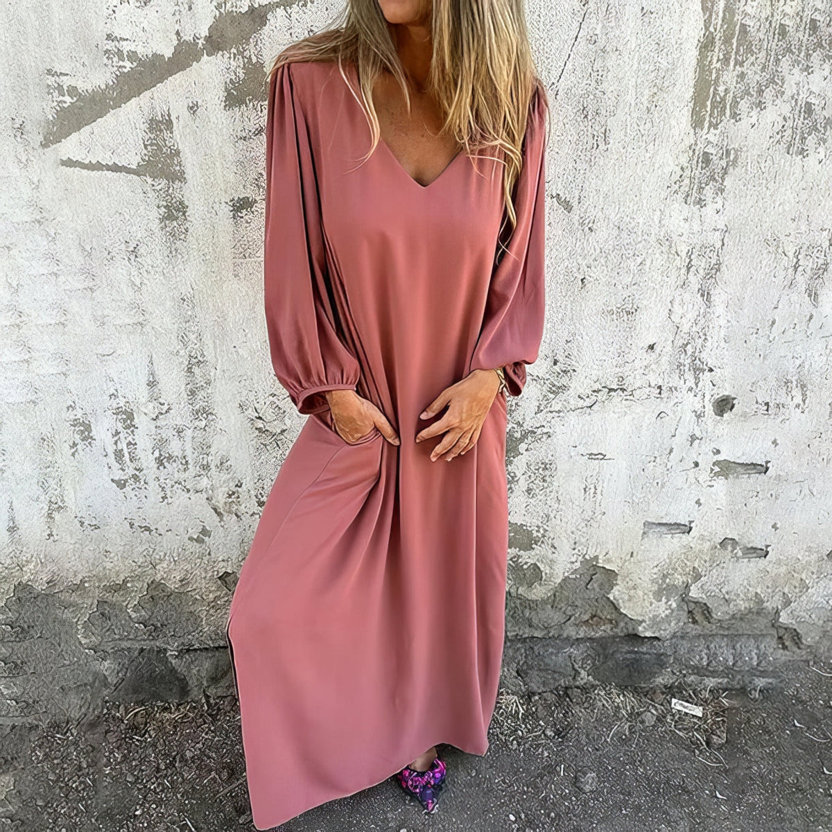 V-Neck Long Sleeve Pocket Loose Maxi Dress
