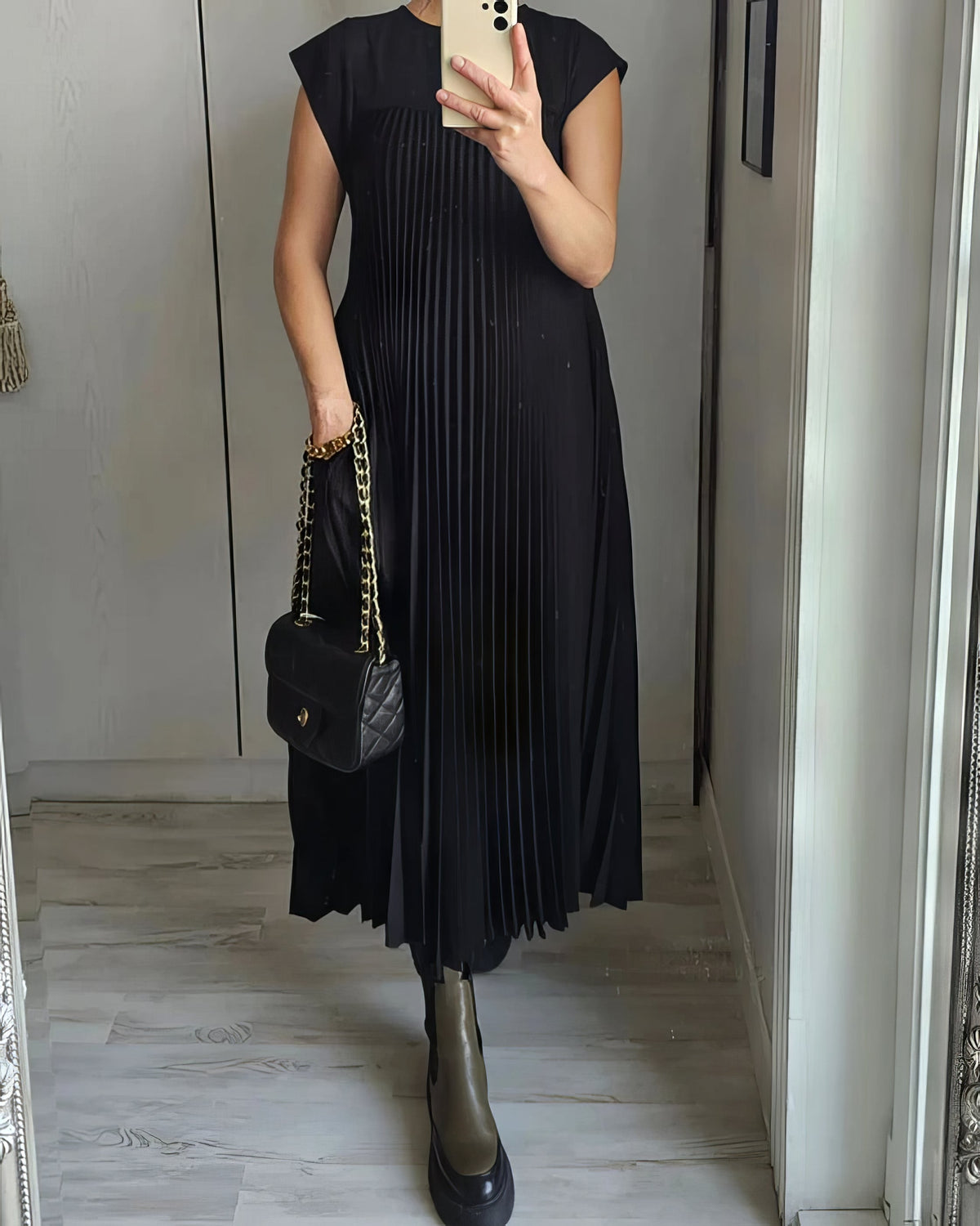 Pleated Round Neck Cap Sleeve Pocket Maxi Dress