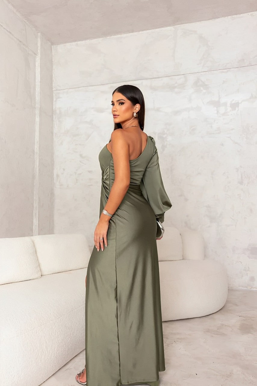 One Shoulder Long Sleeve Ruched Satin High Split Gown