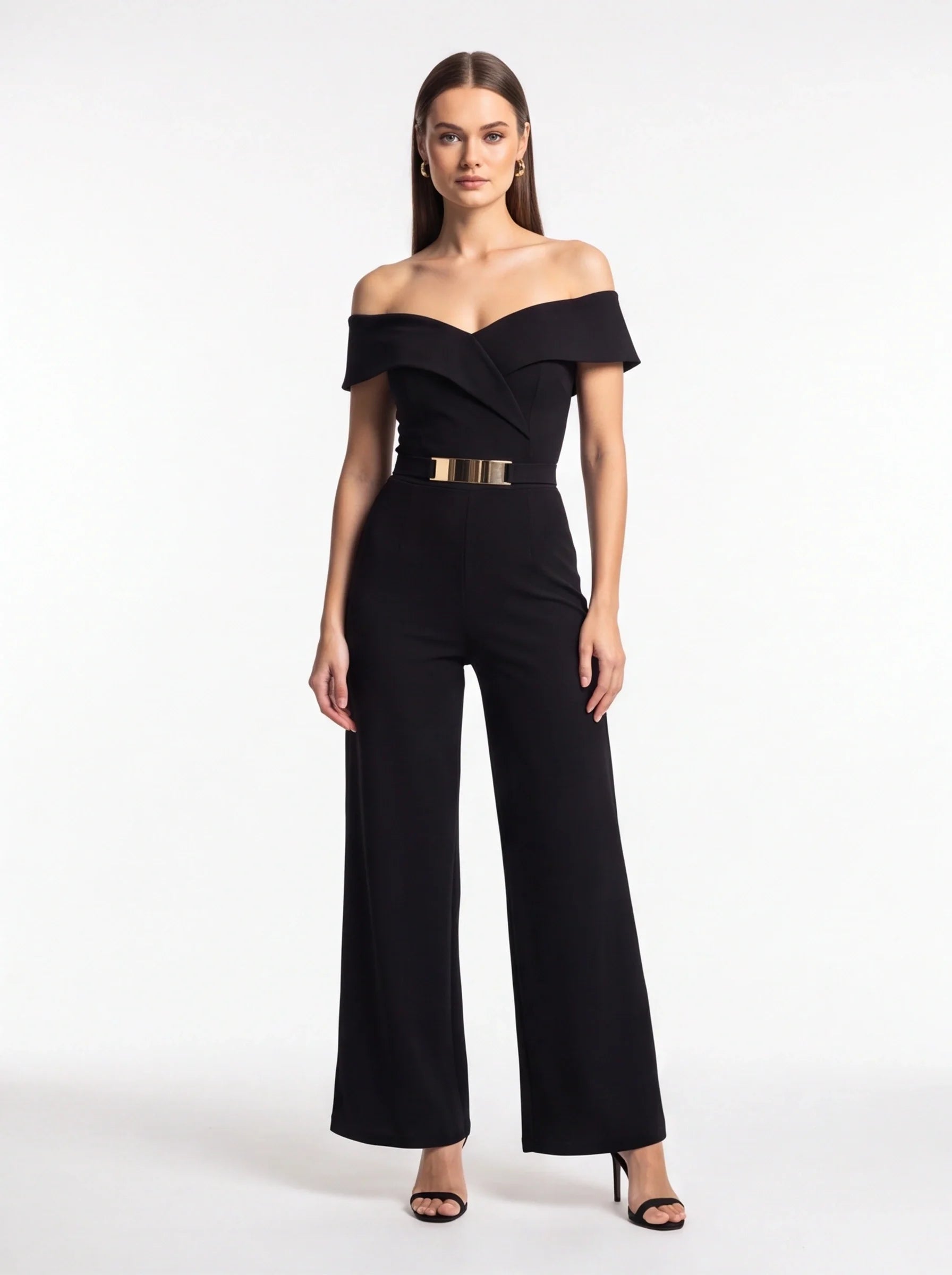 Women's Black Wide-Leg Off-Shoulder Jumpsuit for Cocktail Party & Wedding Guest