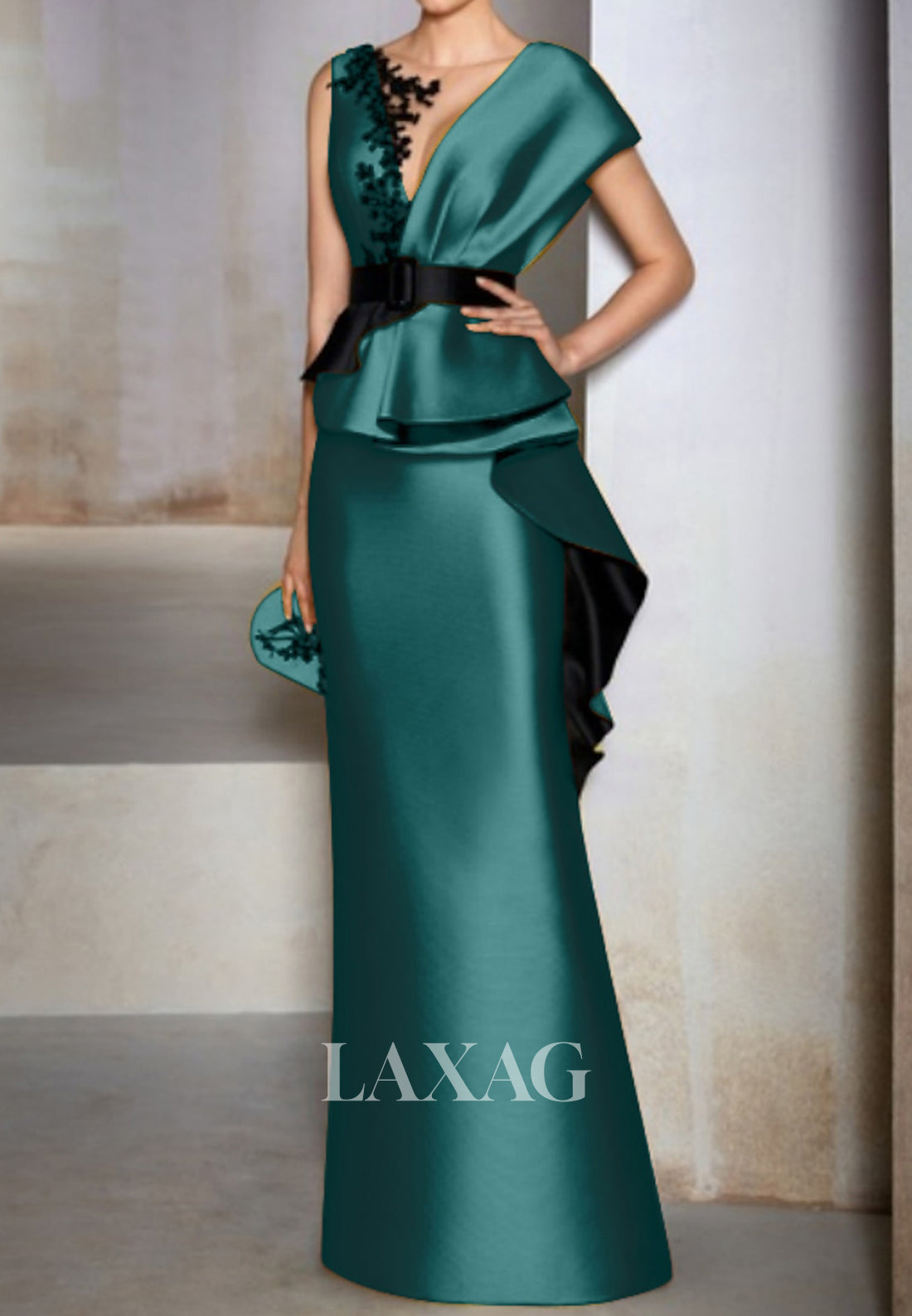 Deep V-Neck Straps Sleeveless Satin Mermaid Wedding Guest Dress Applique Pleated Floor-Length Formal Gowns