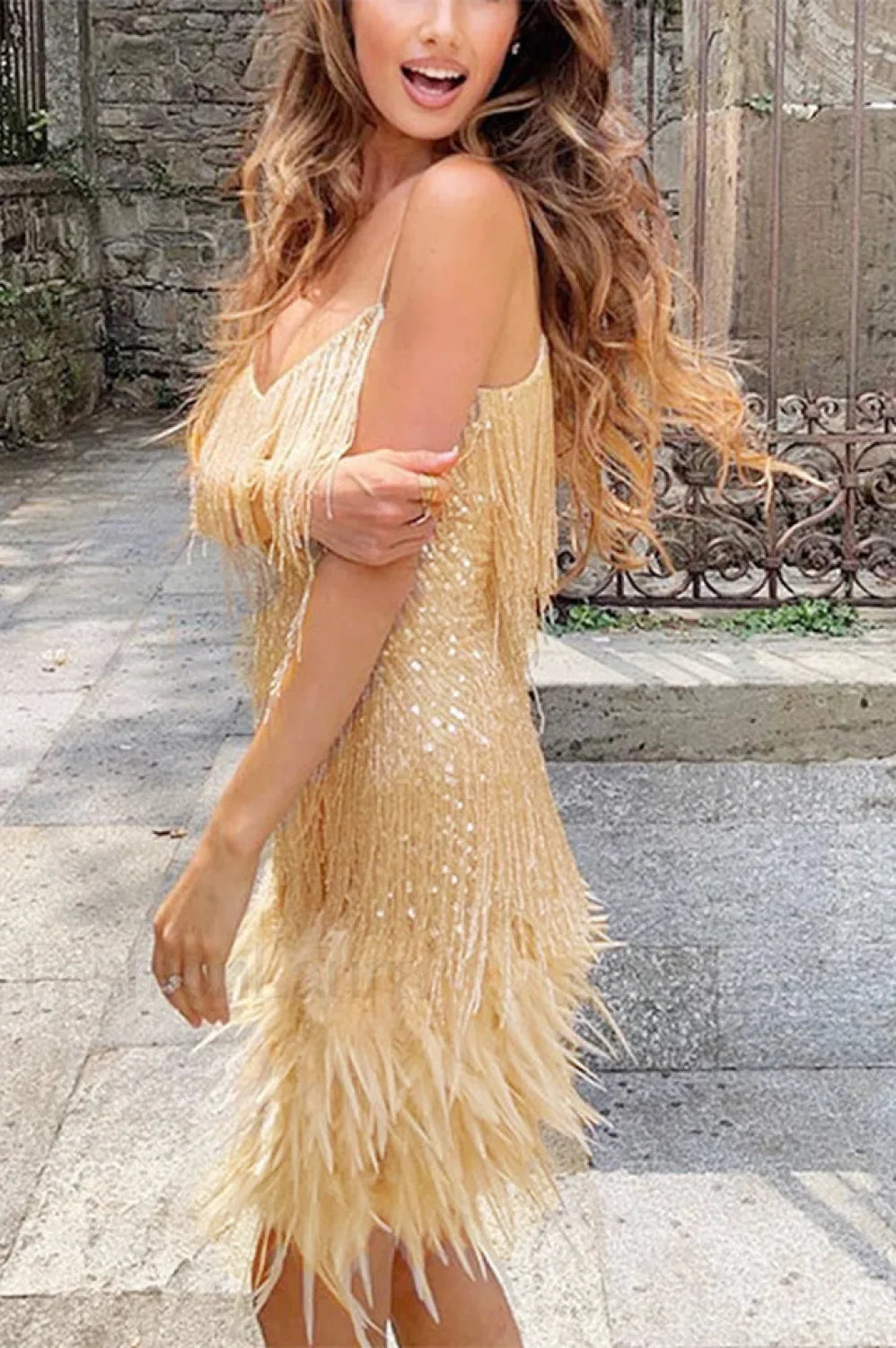 Yvonne Sequin Stylish Feather Cocktail Midi Dress