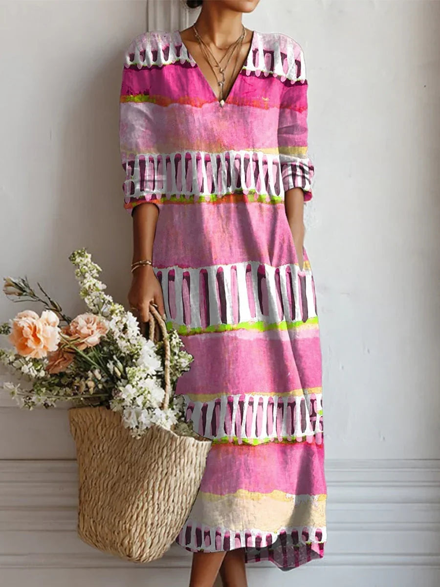 Abstract Stripe V-Neck Long Sleeve Linen Look Maxi Dress
