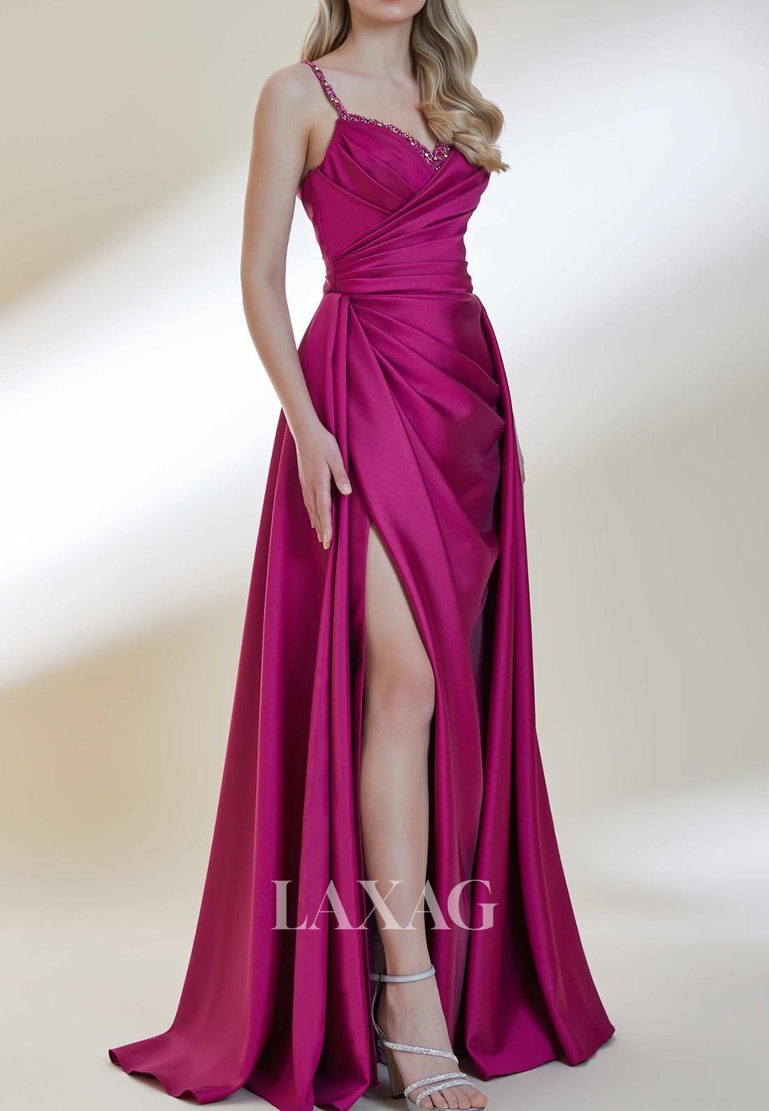 Beaded V-Neck Spaghetti Straps Formal Gowns Sleeveless Pleated Satin Mermaid Evening Dress
