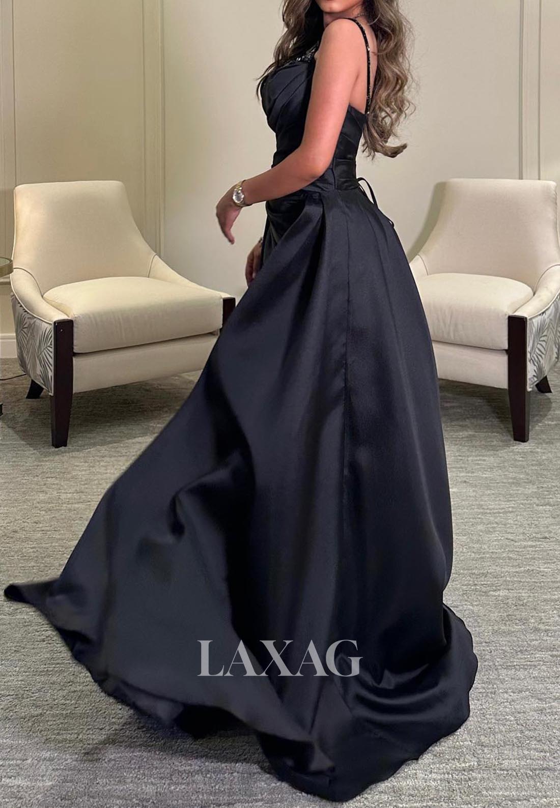 Beaded V-Neck Spaghetti Straps Formal Gowns Sleeveless Pleated Satin Mermaid Evening Dress