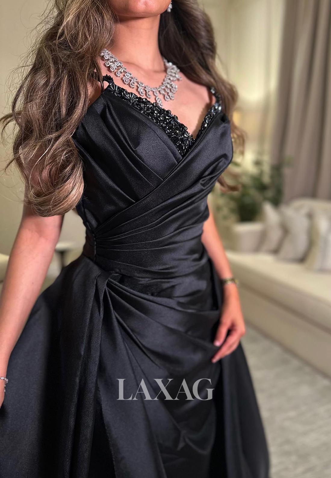 Beaded V-Neck Spaghetti Straps Formal Gowns Sleeveless Pleated Satin Mermaid Evening Dress