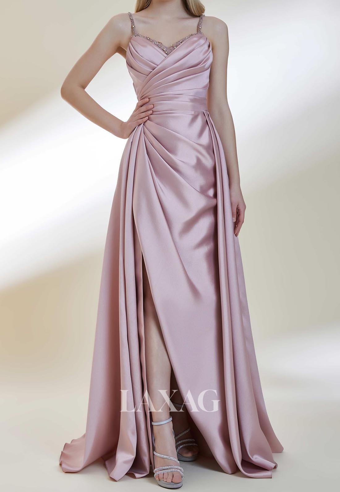 Beaded V-Neck Spaghetti Straps Formal Gowns Sleeveless Pleated Satin Mermaid Evening Dress
