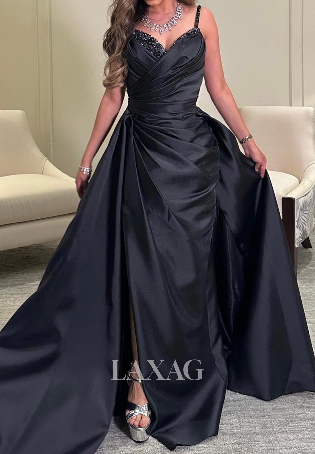 Beaded V-Neck Spaghetti Straps Formal Gowns Sleeveless Pleated Satin Mermaid Evening Dress