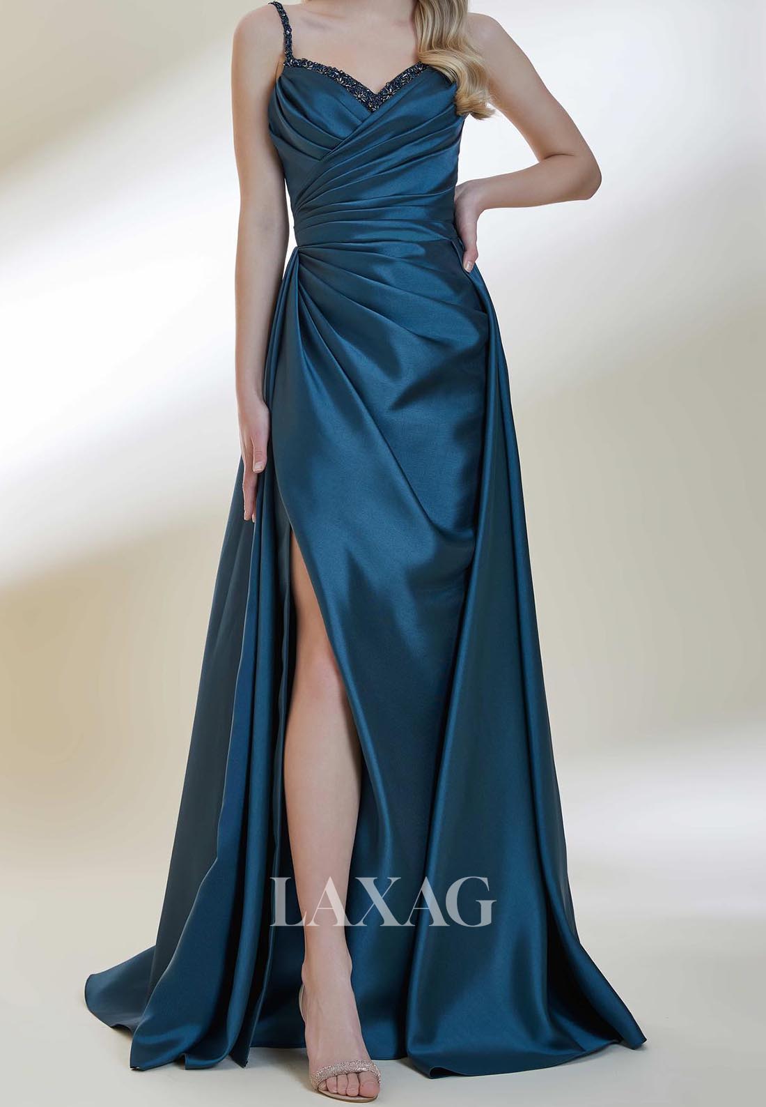 Beaded V-Neck Spaghetti Straps Formal Gowns Sleeveless Pleated Satin Mermaid Evening Dress