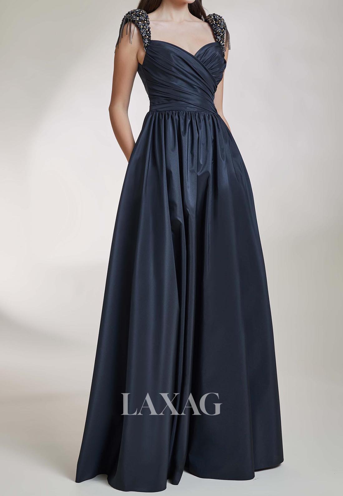 V-Neck Beaded-Straps Sleeveless Pleated Floor-Length Satin A-Line Formal Evening Dress