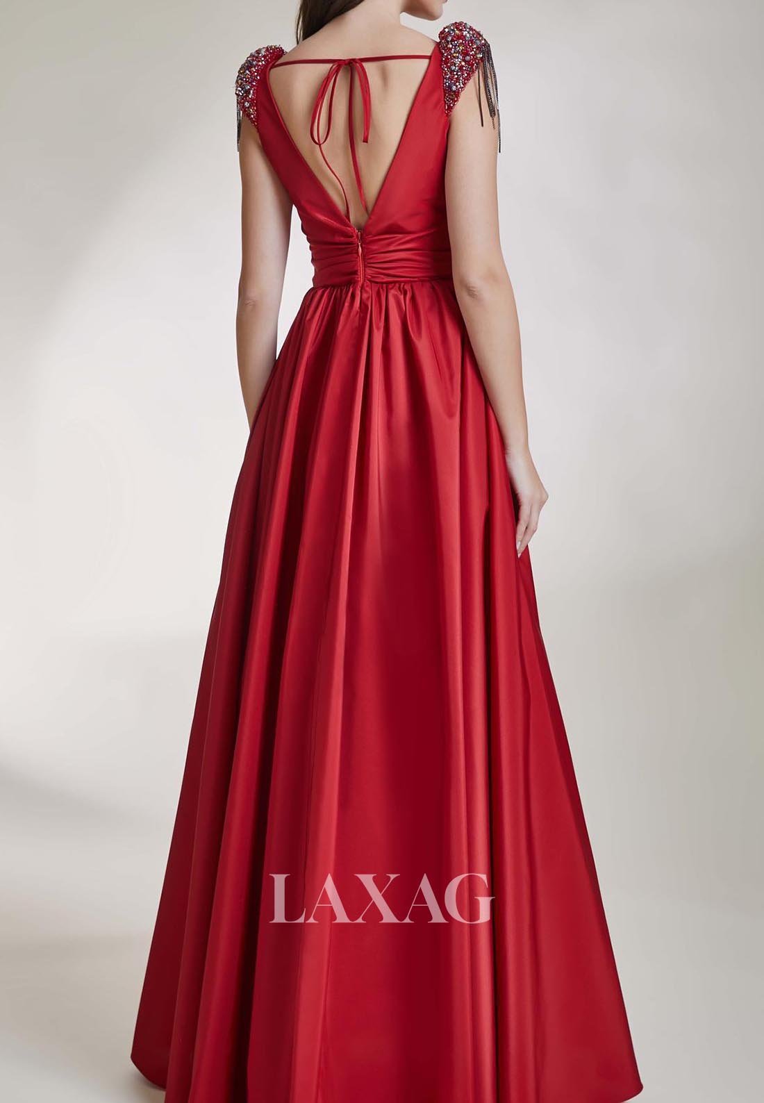 V-Neck Beaded-Straps Sleeveless Pleated Floor-Length Satin A-Line Formal Evening Dress