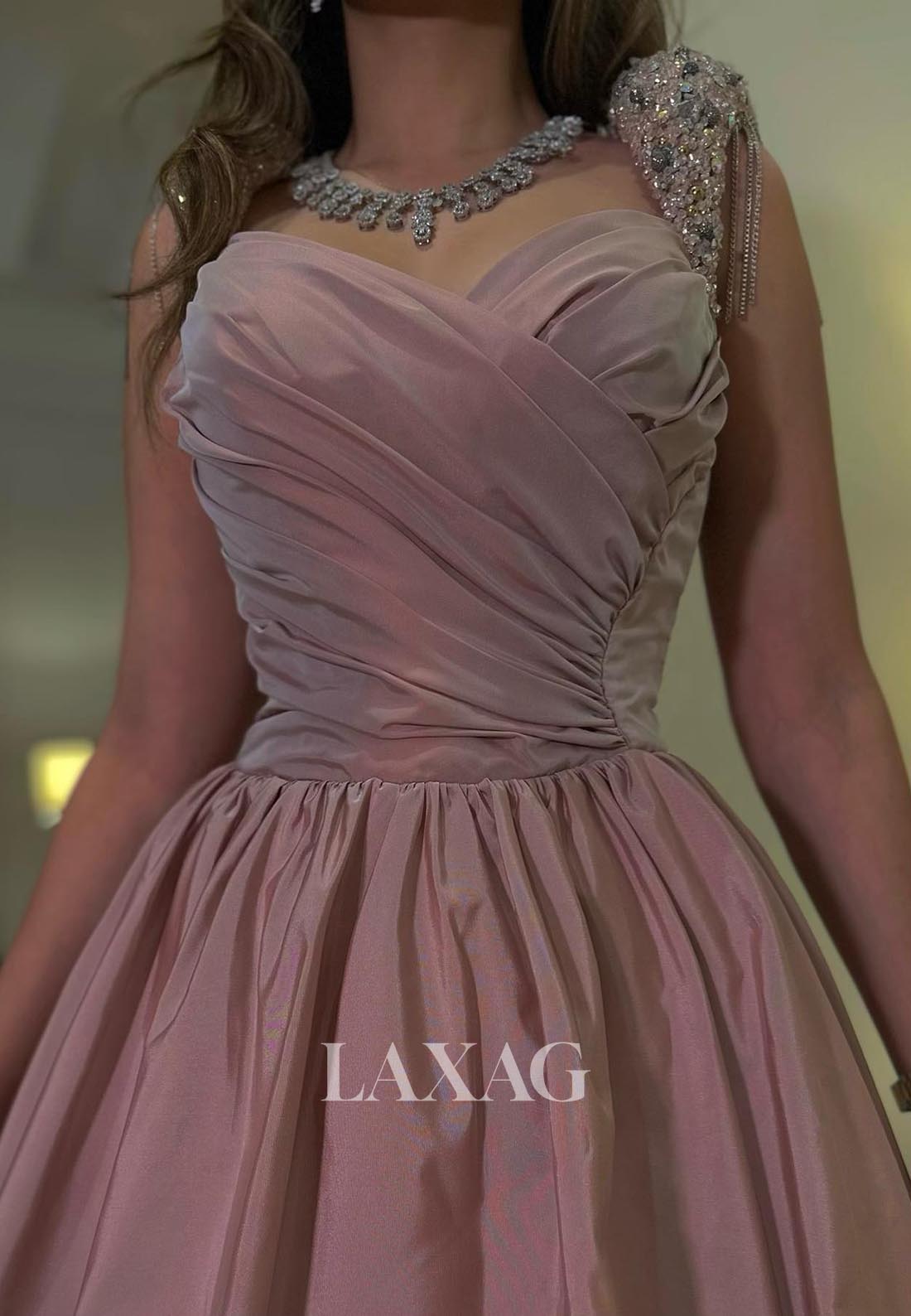 V-Neck Beaded-Straps Sleeveless Pleated Floor-Length Satin A-Line Formal Evening Dress