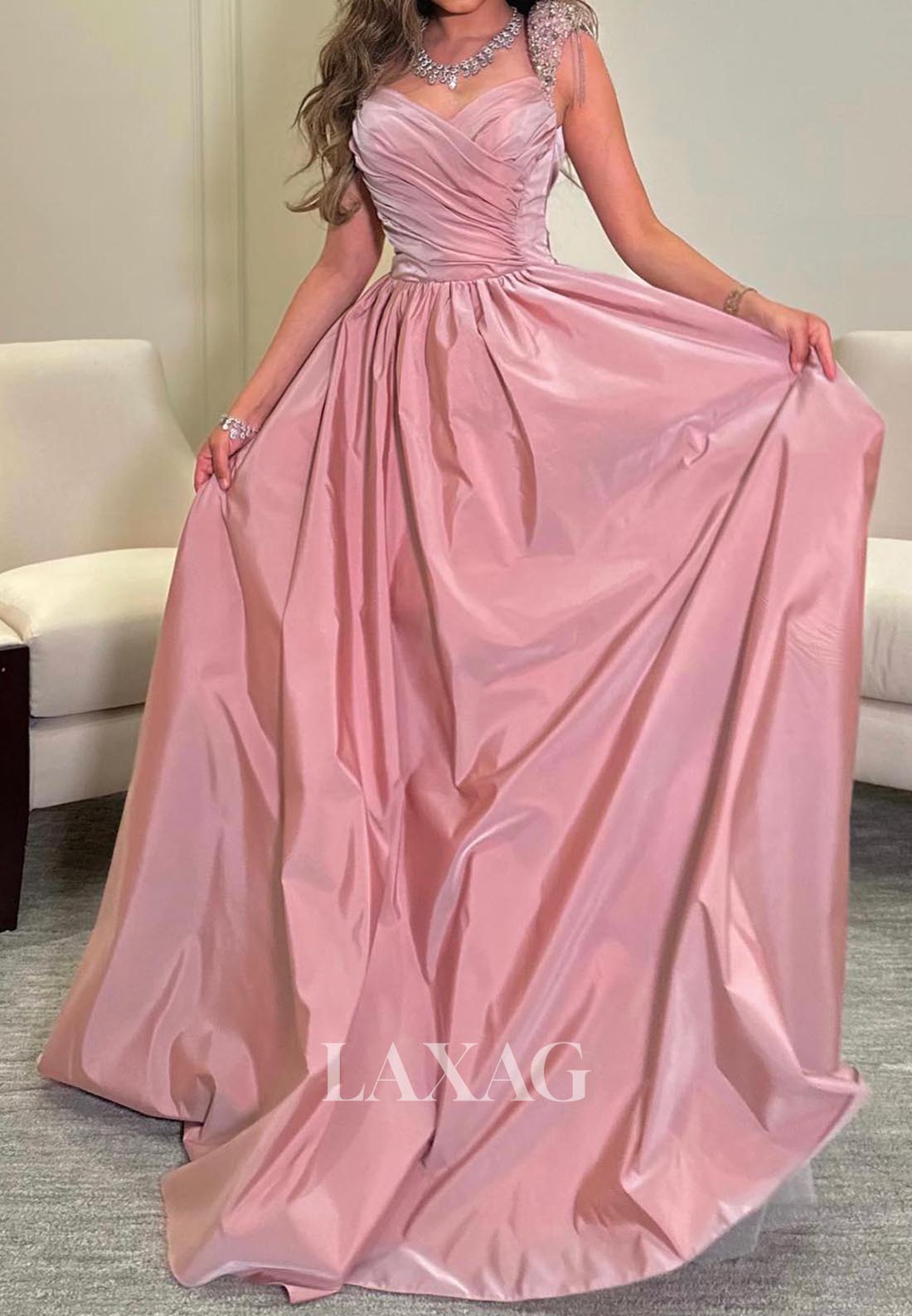 V-Neck Beaded-Straps Sleeveless Pleated Floor-Length Satin A-Line Formal Evening Dress