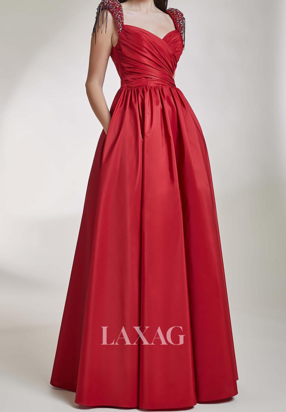 V-Neck Beaded-Straps Sleeveless Pleated Floor-Length Satin A-Line Formal Evening Dress