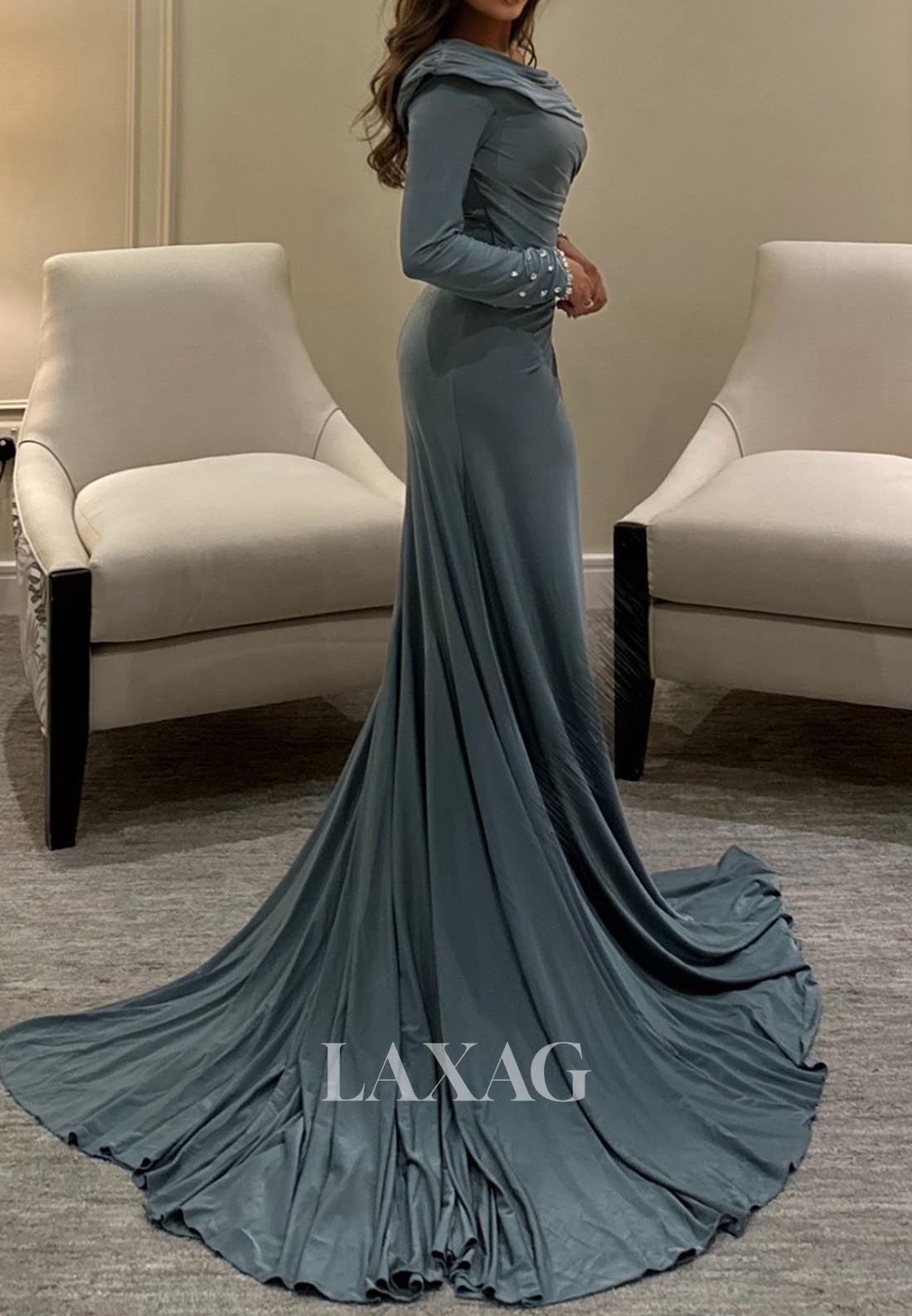 Asymmetrical-Neck Long-Sleeveless Beaded Formal Gowns Pleated Satin Mermaid Evening Dress