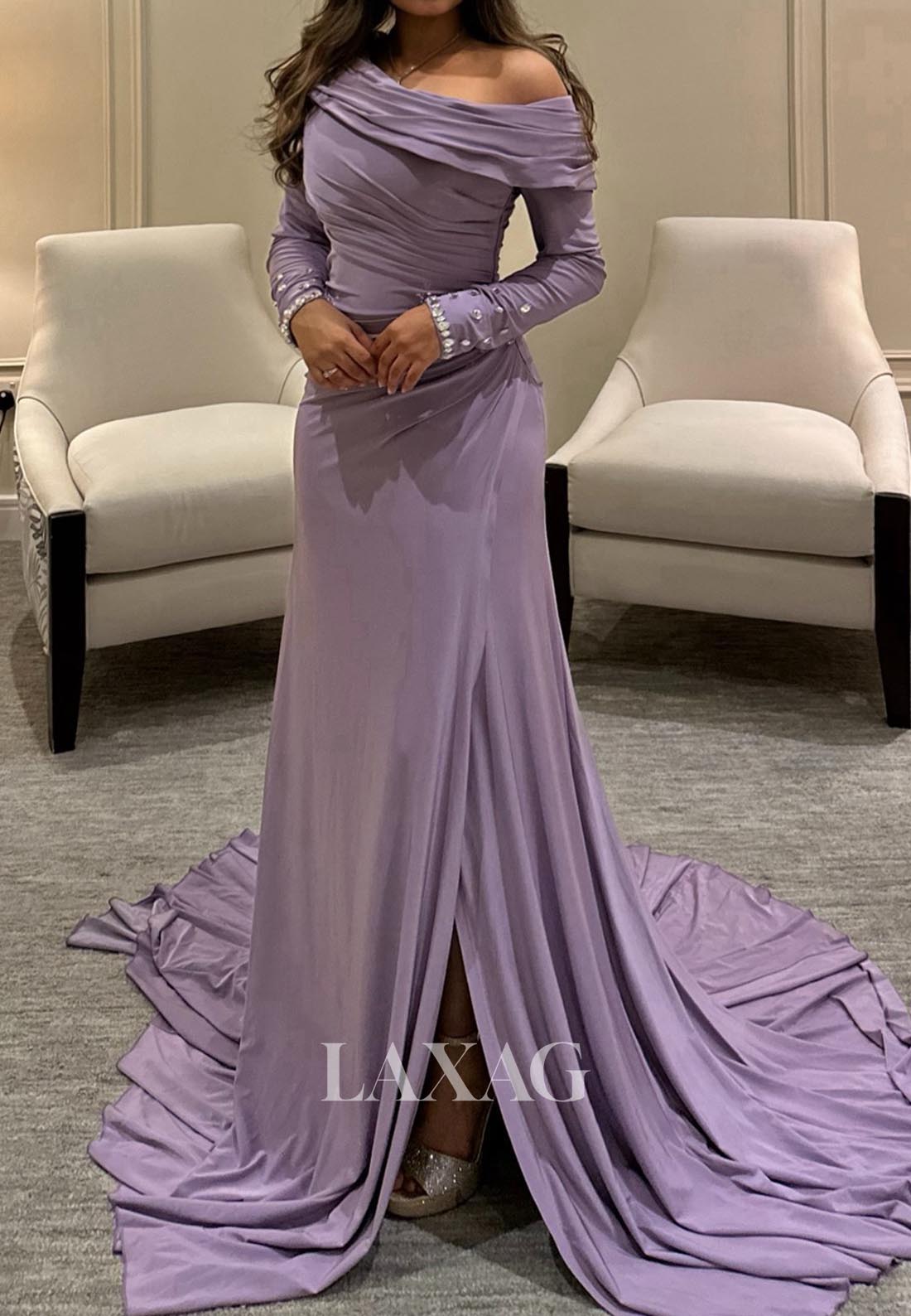 Asymmetrical-Neck Long-Sleeveless Beaded Formal Gowns Pleated Satin Mermaid Evening Dress