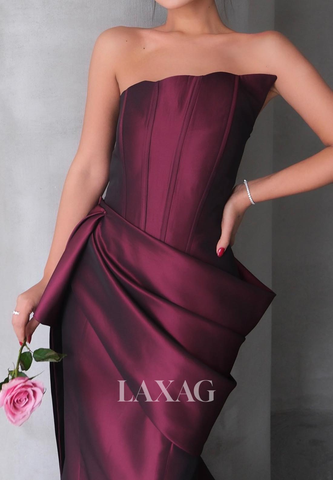 Asymmetrical-Neck Sleeveless Mermaid Evening Dress Off-Shoulder Pleated Satin Formal Gowns