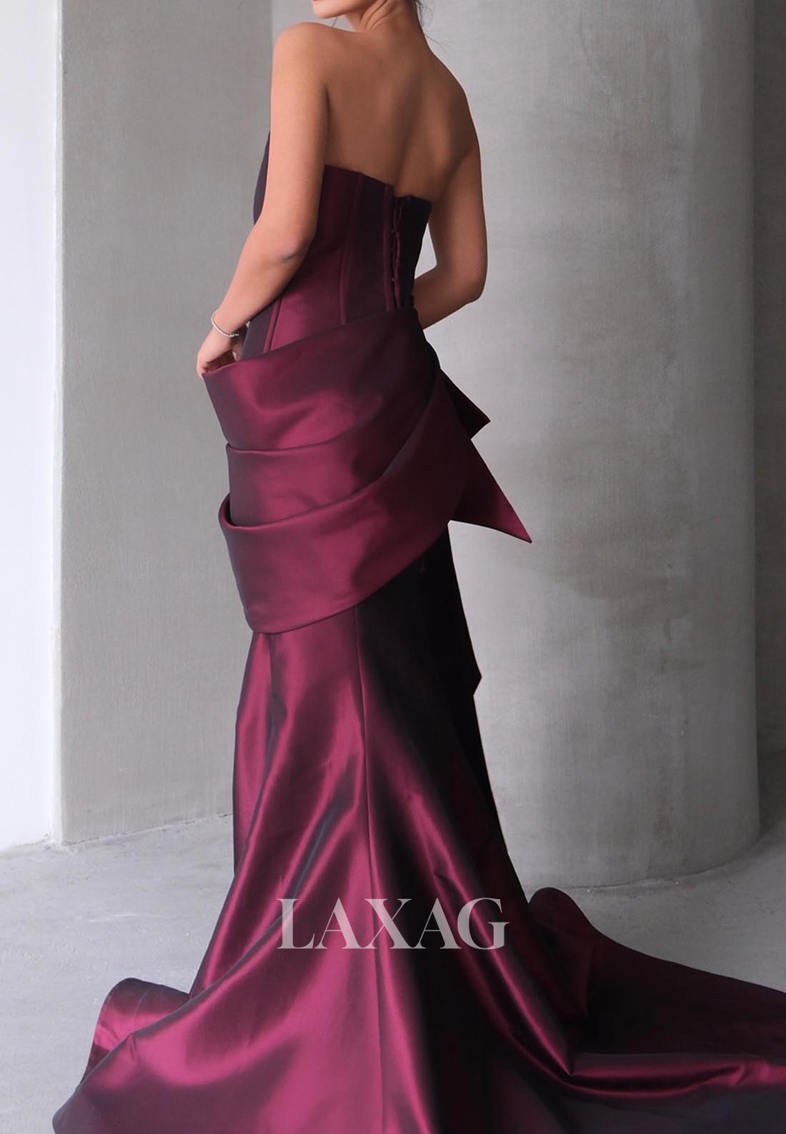 Asymmetrical-Neck Sleeveless Mermaid Evening Dress Off-Shoulder Pleated Satin Formal Gowns