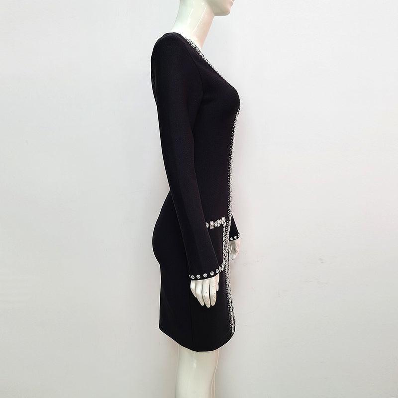 Rhinestone Center Panel Deep V-Neck Long Sleeve Bodycon Mini Dress
