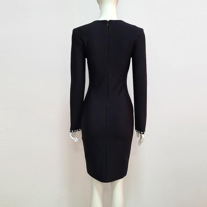 Rhinestone Center Panel Deep V-Neck Long Sleeve Bodycon Mini Dress