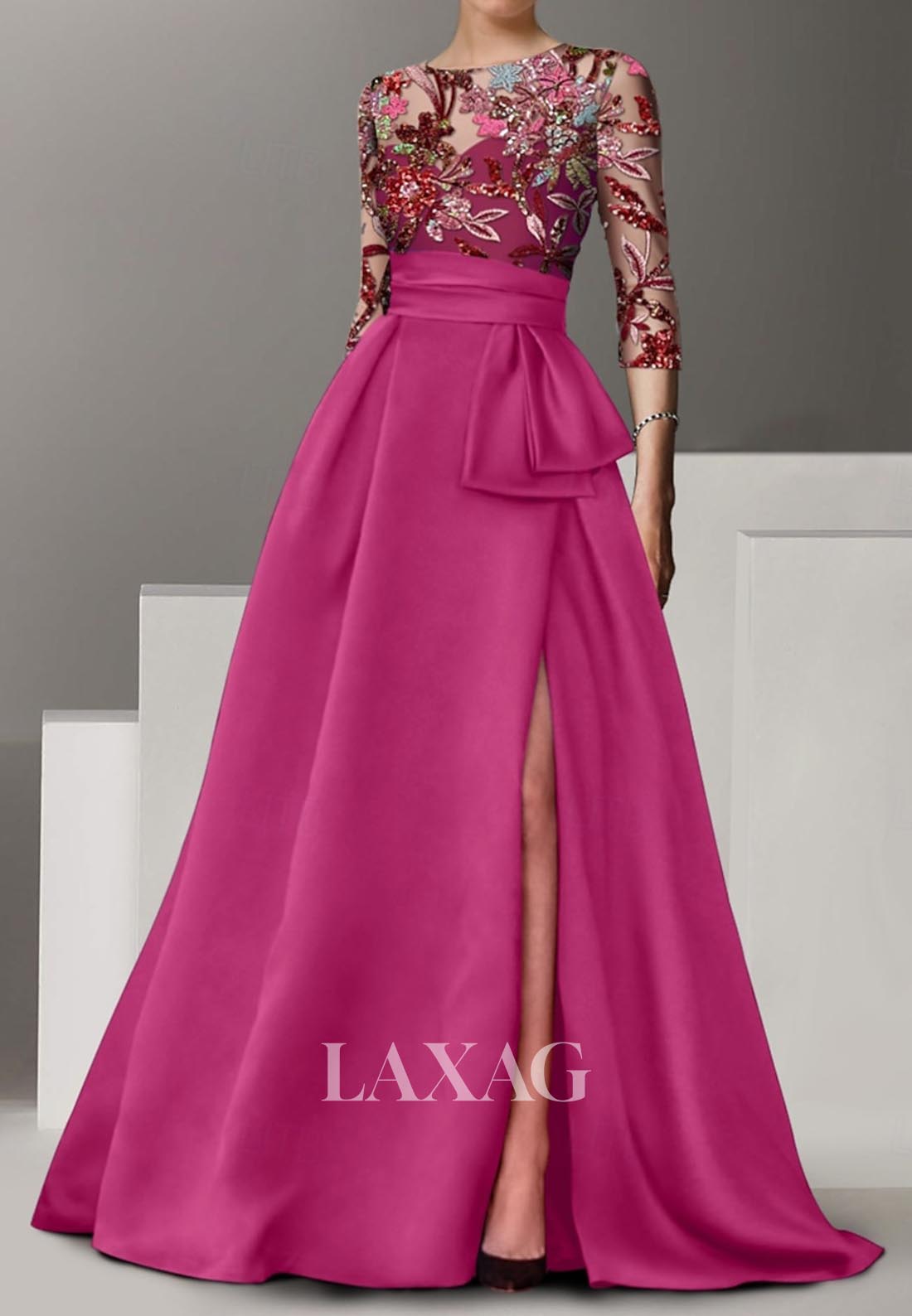 Half-Sleeves Floor-Length Formal Gowns Scoop-Neck Floral Embroidered Sequined A-Line Evening Dress