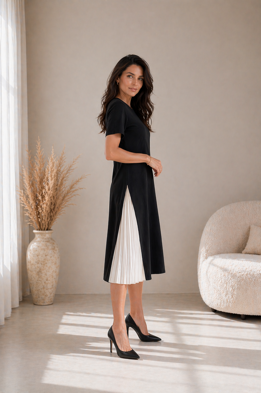 Crew Neck Short Sleeve Pleated Panel High Split Midi Dress