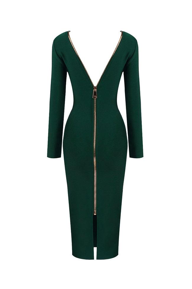 Deep V-Neck Long Sleeve Zip Back Cocktail Midi Dress