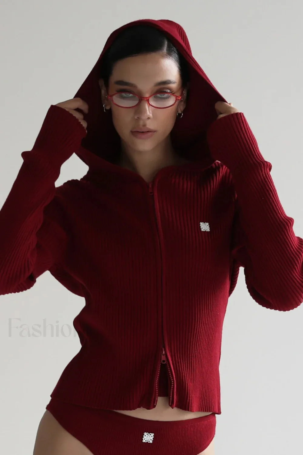 Zip Up Cropped Hooded Knit Sweater