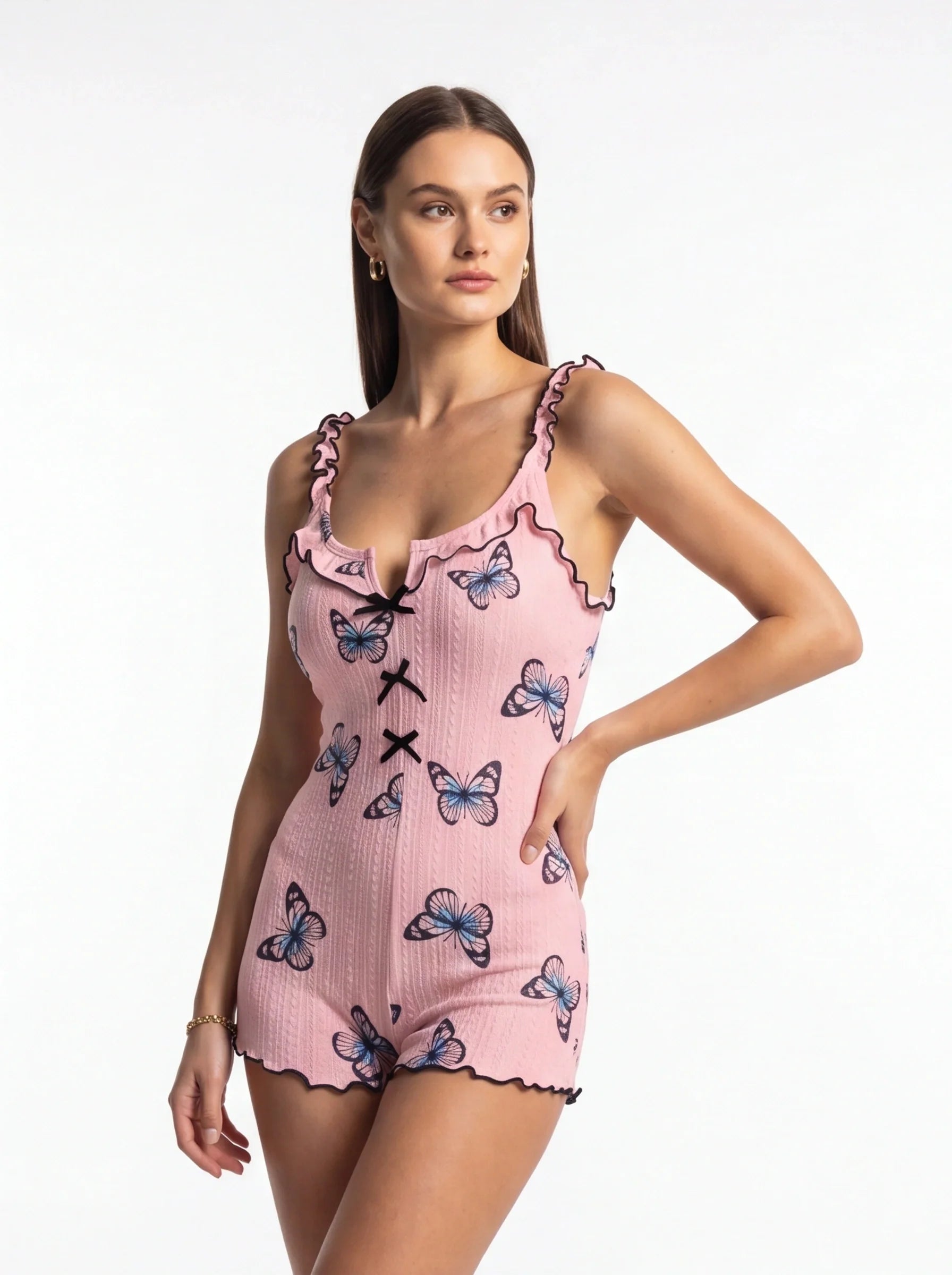 Elegant Butterfly Print Pajama Romper | Soft Jacquard & Adjustable Str