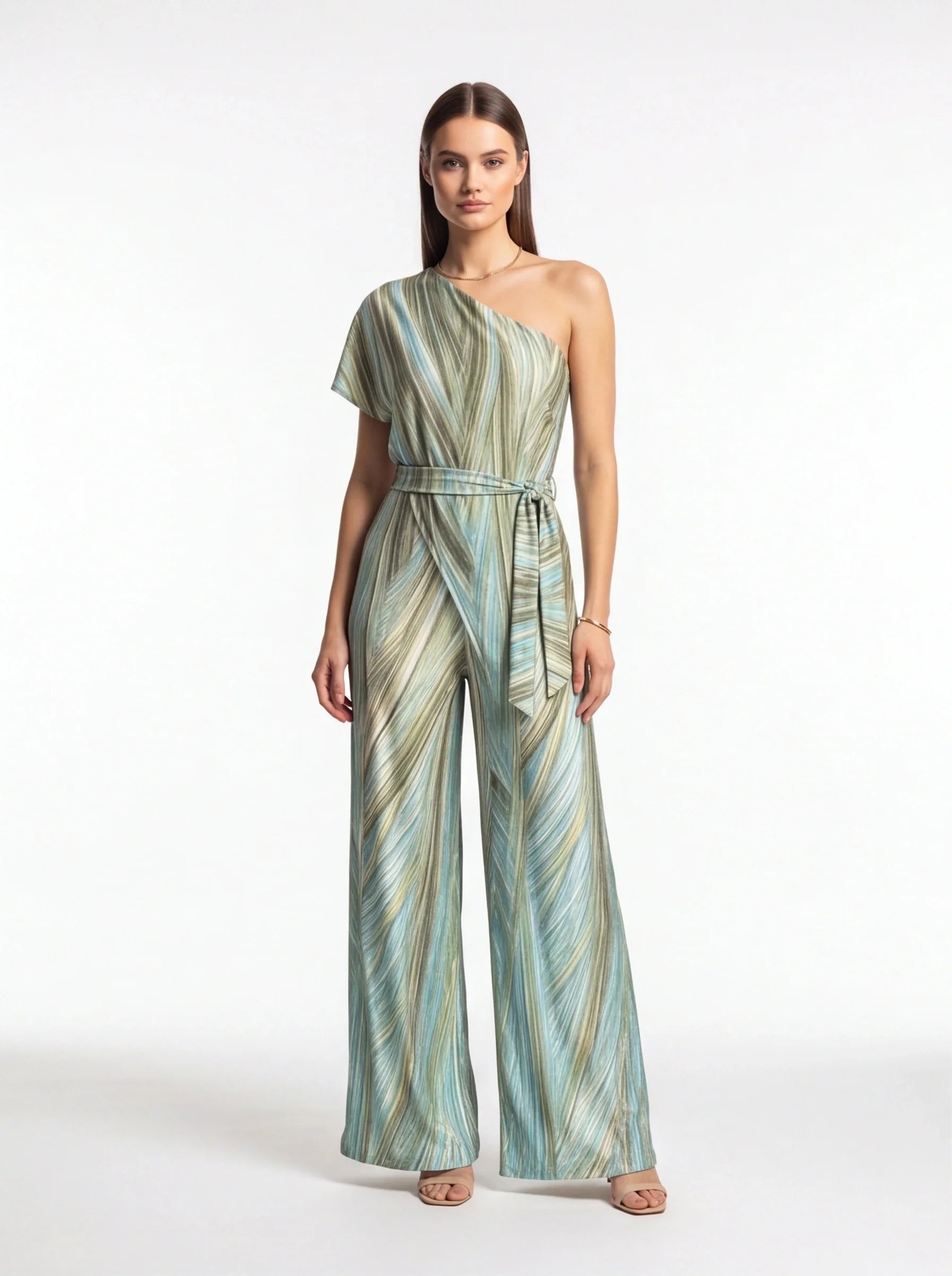 Elegant Abstract Print Wide Leg Jumpsuit with Pockets and Belted Waist