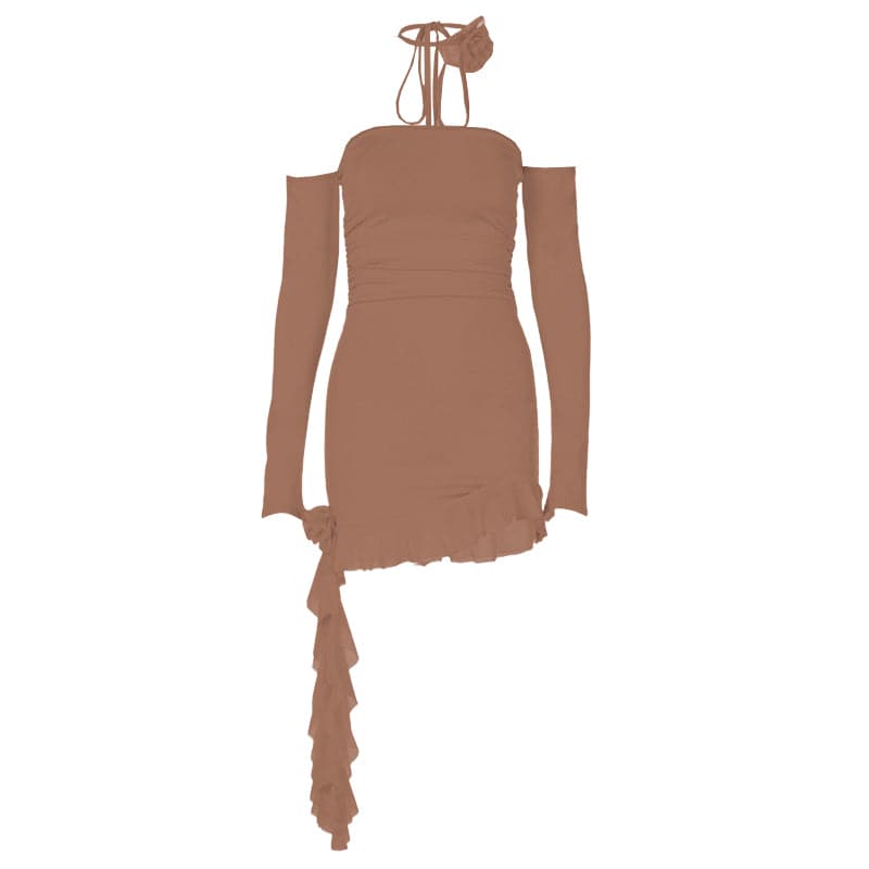 Off Shoulder Long Sleeve Ruched Ruffle Hem Bodycon Mini Dress