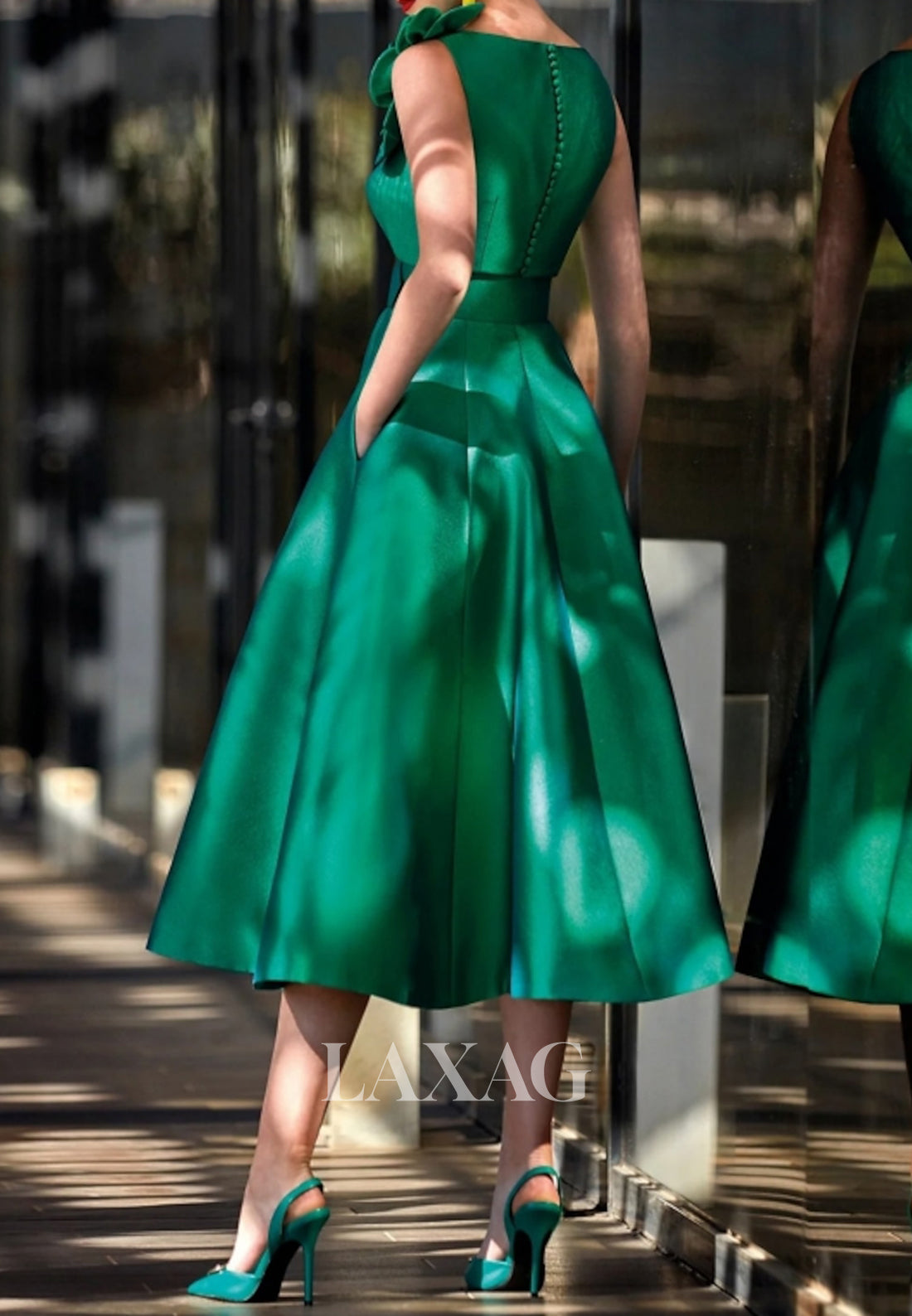 Straps Deep V-Neck Sleeveless Formal Gowns Floral Embossed Pleated Midi A-Line Wedding Guest Dress